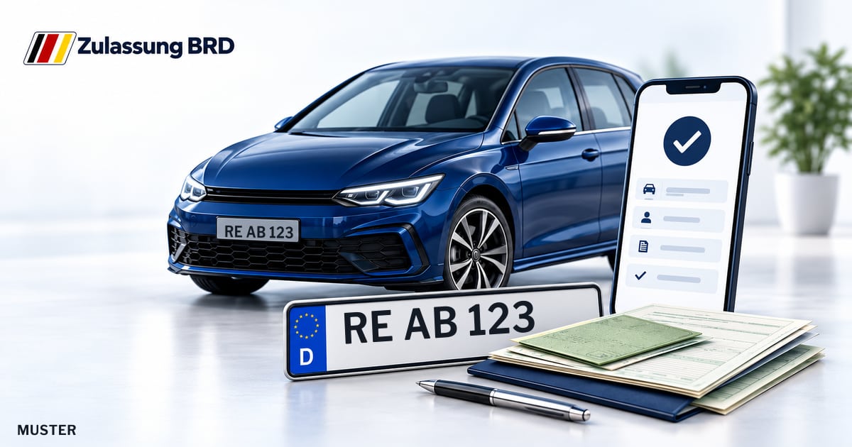 Online Fahrzeugzulassung in Haltern am See: Musterkennzeichen RE AB 123, Auto und Fahrzeugpapiere und Smartphone. Illustration mit Logo von Zulassung BRD.